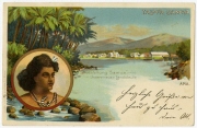 Ansichtspostkarte; "Talofa Samoa", Ausstellungskarte zur Ausstellung Samoa. Unsere neuen Landsleute, Ansicht von Apia mit Portät einer Südseefrau, gelaufen