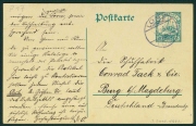 Brief; Postkarte, Kolonialpost, "An/ die Schuhfabrik/ Conrad Tack & Cie./ Burg b./Magdeburg ...", aus Togo, von Chr. Boehm, über Lome, gestempelt, Seeweg gelaufen