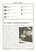 Archivalie, Wandkalenderblatt "Philatelistenkalender März/April 1937", "Ein anderes Briefkastenschicksal", mit fotografischer Abbildung (Briefkasten, Postagentur Deulon, Alexishafen, ehemalige Kolonie Deutsch-Neuguinea