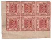 Sachsen (Deutschland/Altdeutschland) Freimarke, Nr. 1 c, Sechserblock ("Sachsen-Dreier")