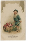 Ansichtspostkarte; Glückwunschkarte, "Herzlichen Glückwunsch zum Geburtstage", Junge schiebt eine mit Rosen gefüllte Schubkarre, gelaufen
