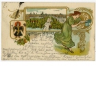 Ansichtspostkarte; "Gruss aus München", Gesamtansicht München, mit Mönch und Frau die einen Brief in einen Briefkasten einwirft, gelaufen 