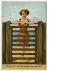 Ansichtspostkarte/Ziehkarte, "Wie gefällt sie Dir besser, so oder so?", Frau schaut über einen Zaun, dessen Zaunfeld sich verschieben lässt, ungelaufen