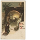 Ansichtspostkarte; Künstlerpostkarte, "Stille Nacht, heilige Nacht", Hirte, zwei Engel und das Christkind im Stall in Bethlehem, ungelaufen