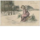 Ansichtspostkarte; "Fröhliche Weihnachten!", Engel sitzt auf einem Baumstamm im winterlichen Wald, gelaufen