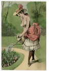 Ansichtspostkarte; Künstlerpostkarte, Frau mit großem Dekolleté beim Gießen von Blumen mit einer Gießkanne, ungelaufen