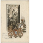 Ansichtspostkarte; Prägepostkarte, Passepartoutkarte, "Gruss aus Landshut", Burg Trausnitz und Wittelsbacher Turm, mit Wappen, gelaufen