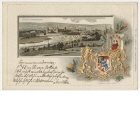 Ansichtspostkarte; Prägepostkarte, Passepartoutkarte, Aschaffenburg, Panorama mit Wappen, gelaufen