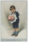 Ansichtspostkarte; Glückwunschkarte, "Herzlichen Glückwunsch zum Geburtstag", schüchterner Junge mit Blumenstrauß, gelaufen