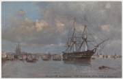 Ansichtspostkarte; Künstlerpostkarte, "Kriegsschiff 'Agamemnon' ladet atlantisches Kabel 1857 in Greenwitch.", Verladung des ersten transatlantischen Kabels in Greenwich auf das Kriegsschiff 'Agamemnon',  ungelaufen